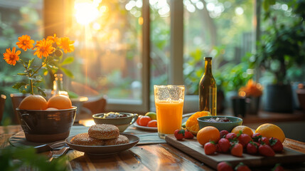 Luxurious breakfast on a modern kitchen table with fresh orange juice with sparkles of light.