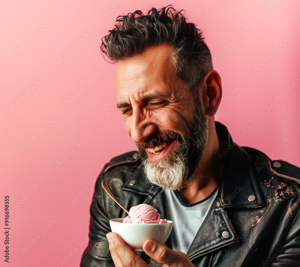 Canvas Prints Rugged man wearing leather jacket eating ice cream in a bowl