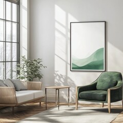 Obraz premium A living room with a green chair and a white couch. The chair is in front of a picture of a mountain