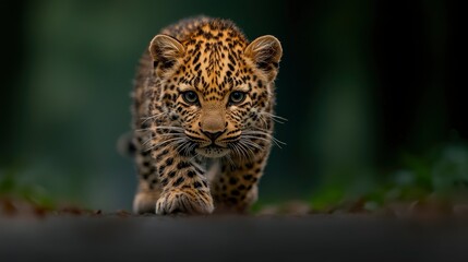 Fototapeta premium Walking Leopard On A Forest Road, Stealthy