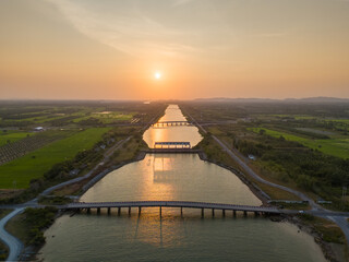 Obraz premium Aerial view of Canal dam in Nakhon Si Thammarat Province, Thailand