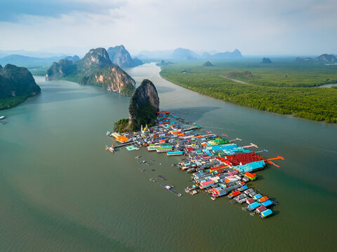 Aerial scenery of Ko Panyee island in Phang Nga bay, Thailand