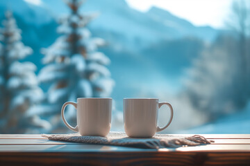 Two mugs placed on a windowsill overlooking a snowy landscape