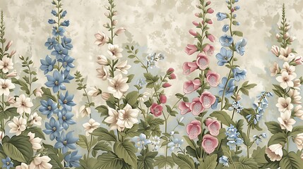 A timeless vintage wallpaper design showcasing classic cottage flowers of delphiniums and foxgloves. The flowers are depicted in soft, vintage colors, and the background is quaint and cottage-like,