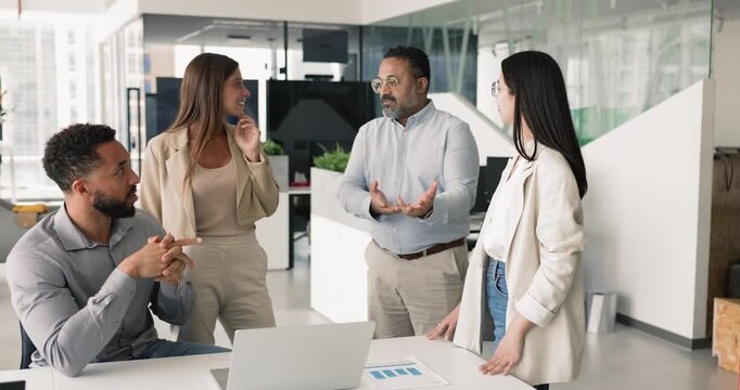 Middle-aged 45s Indian department chief share project updates, explaining data analysis, presenting new proposal or business strategy, benefits, and potential opportunities with diverse staff members