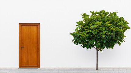 Obraz premium White Wall With A Door, Plant, And Cat