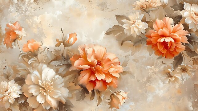 A timeless vintage wallpaper design showcasing classic floral prints with dahlias and hibiscus. The flowers are depicted in soft, vintage colors, and the background is subtly aged,
