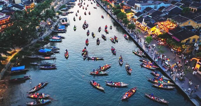 Hoi An ancient town by Thu Bon River in Vietnam. UNESCO world heritage, at Quang Nam province. Vietnam. Hoi An is one of the most popular destinations in Vietnam