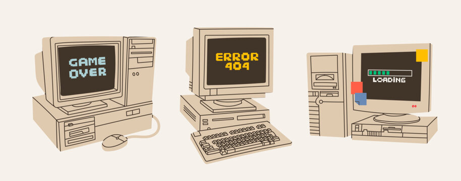 Retro vintage Computers set. Old PC with monitor, keyboard. Old style technology. Hand drawn trendy Vector illustration. Isolated design elements. Vintage gadgets. Print, logo, design templates