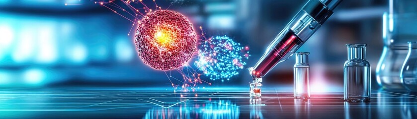 Abstract representation of molecular interaction with vibrant colors and a laboratory backdrop, illustrating science and technology.
