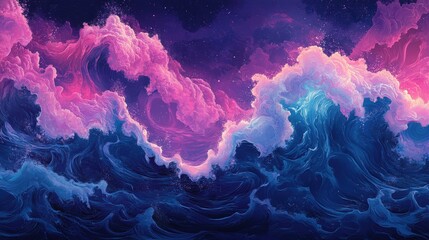Fototapeta premium Psychedelic-style ocean waves with a dark blue and pink palette, creating a vibrant dream-like scene with distorted figures and trillwave illustrations