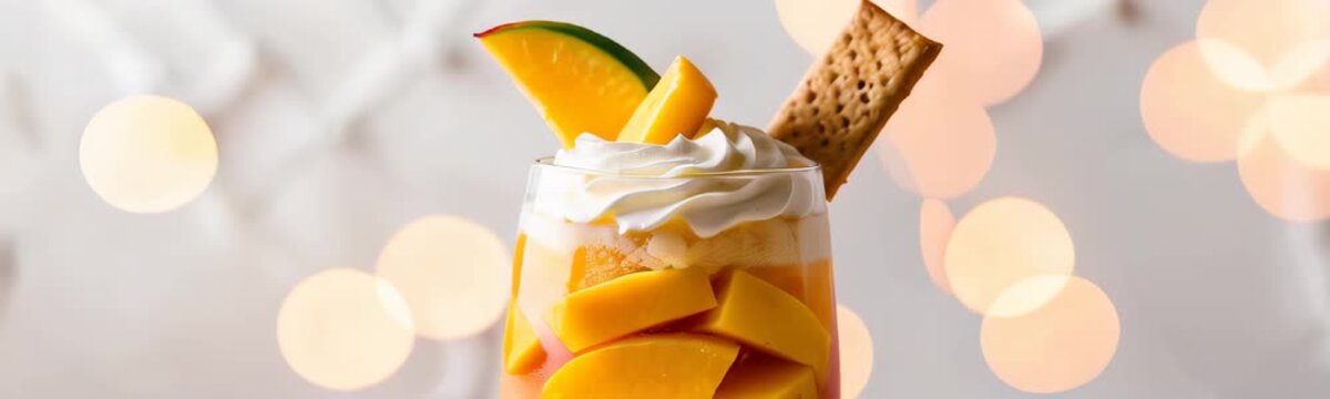Two refreshing mango parfaits topped with whipped cream, fresh mango slices, and wafer sticks are presented against a soft warm bokeh background
