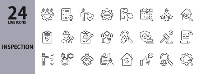 Inspection line icons set with Quality Control, Examination, Certificate, House Inspection, Test, Verification, Setting, Selection, Specification, Magnifying and more. Editable Stroke