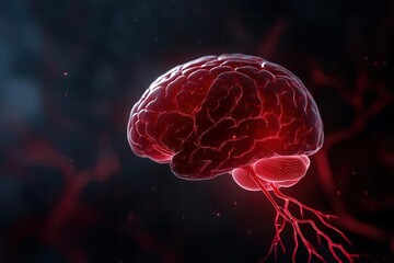 A detailed, vivid of a brain with striking red colors, showcasing its anatomical structure and neural connections.
