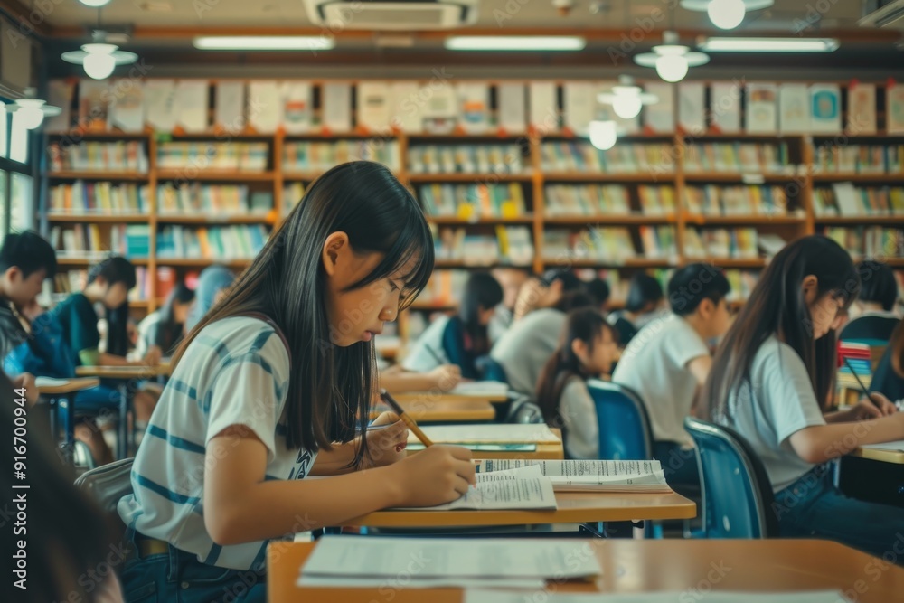 Poster Students are concentrated on studying in a classroom library setting to gain knowledge and academic focus. The environment promotes education, learning, and literacy among young scholars