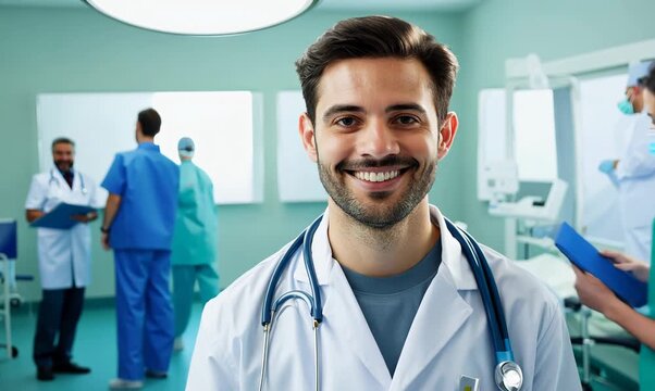 Environmental portrait video of a pleased doctor in his 30s wearing a scrub or lab coat with doctors nurses therapists