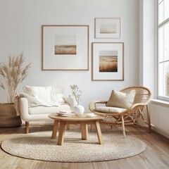 A living room with a white couch, a coffee table, and a wicker chair. The room has a rustic feel with a few potted plants and a vase on the coffee table. The overall mood of the room is cozy