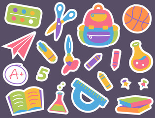 Back to school supplies. Collection of supplies for children. Set of School Stickers isolated on dark background. School Backpack, Brush, Markers, Books.Cute colorful vector illustration in flat style