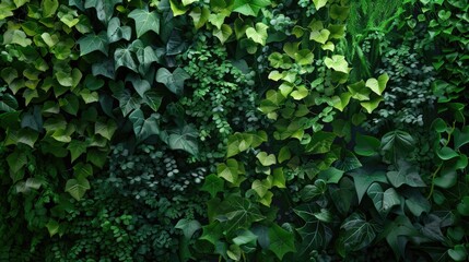 Fototapeta premium Vertical garden with green ivy for decoration. Natural textured background. Spring and summer floral banner. Indoor urban jungle gardening.