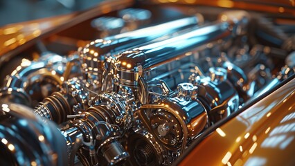 Supercar Engine Showcasing Intricate Details of Powerful Machinery - Gleaming Metallic Components Under Focused Light