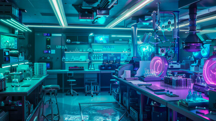 Fototapeta premium Modern laboratory with innovative equipment in neon color. Science concept.