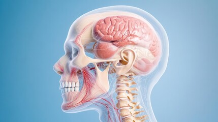 Detailed anatomical of a human skull showing brain, nerves, and spinal structure for educational purposes.