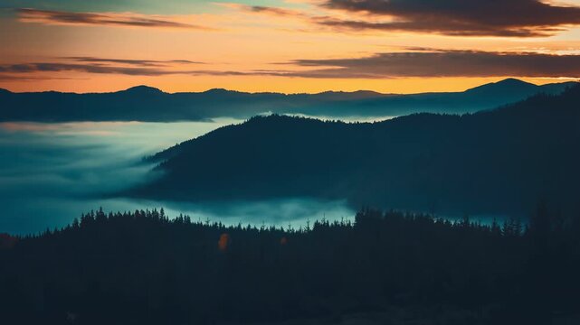 The rising sun is painting the sky in vibrant colors, casting a warm glow over the peaks of the carpathian mountains, while a thick sea of fog fills the valleys below