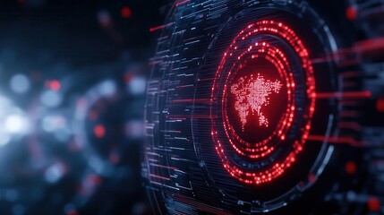 Obraz premium Dynamic abstract visualization of data flow with red highlights and world map representation, ideal for technology and innovation themes.