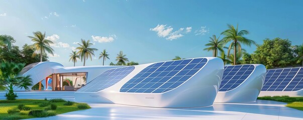 Solar energy system, advanced photovoltaic panels, futuristic landscape, sustainable technology