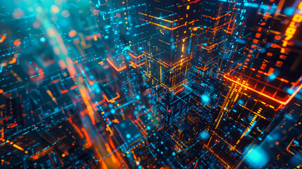 Obraz premium Cityscape with many orange and blue lights. The city is full of buildings and lights are scattered everywhere. The stage is energetic and lively. Abstract background.