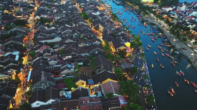 Hoi An ancient town by Thu Bon River in Vietnam. UNESCO world heritage, at Quang Nam province. Vietnam. Hoi An is one of the most popular destinations in Vietnam