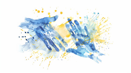Naklejka premium symbolic image of two hands painted in the colors of the Ukrainian flag. The overlapping hands represent unity, harmony, and the strength found in diversity.