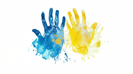 Fototapeta premium symbolic image of two hands painted in the colors of the Ukrainian flag. The overlapping hands represent unity, harmony, and the strength found in diversity.