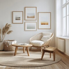 A living room with a white chair, a coffee table, and a rug. There are three framed pictures on the wall, one of which is of a beach