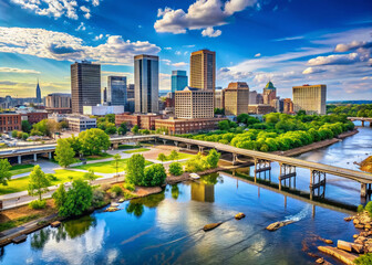 Historic Richmond City, Virginia, with majestic James River views, picturesque waterfront, and iconic city skyline featuring mix of old and new architectural landmarks.