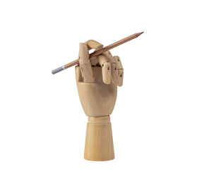 Wooden hand holding a pencil. PNG Transparent background. Concept of writing, drawing, ideas and...