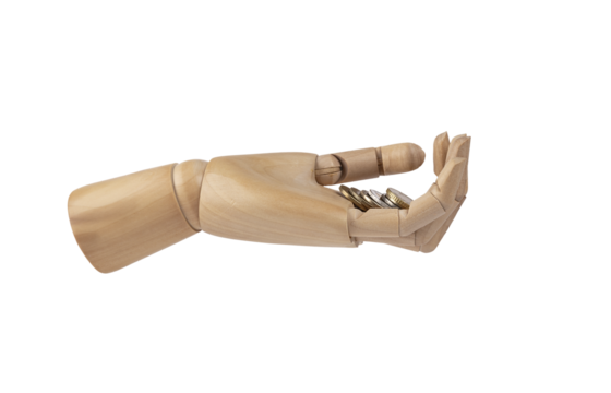 Wooden hand with palm upwards holding coins. Concept of money, earnings, euros. PNG Transparent background - Powered by Adobe