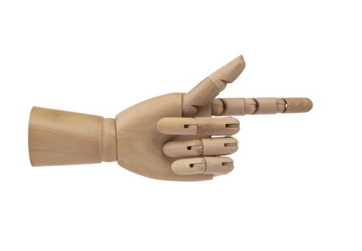 Wooden hand pointing or clicking with index finger. PNG with transparent background