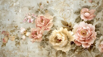 A vintage wallpaper featuring ornate floral patterns with peonies and irises. The flowers are depicted with intricate, repeating motifs in soft, muted colors,