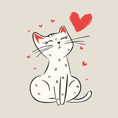 Happy black and white cat illustration with red hearts, symbolizing love.
