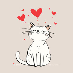 Happy black and white cat illustration with red hearts, symbolizing love.
