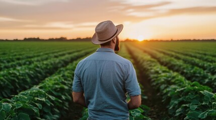Fototapeta premium A farmer stands in a lush green field, gazing at a beautiful sunset, reflecting on a day of hard work and nature's beauty.