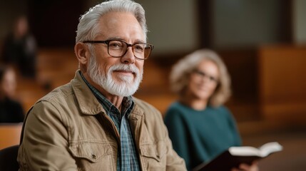 A senior man with a beard and glasses smiles confidently in a classroom setting, with a woman holding a book in the background.