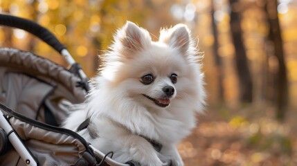 Fototapeta premium a white pomeranian dog is in a baby stroller, cute, beautiful and full of warmth and romance