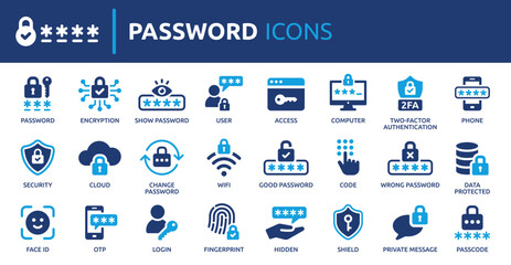 Password icon set. Containing login, access, secure, passcode, encryption, code, 2FA, fingerprint and more. Solid vector icons collection.