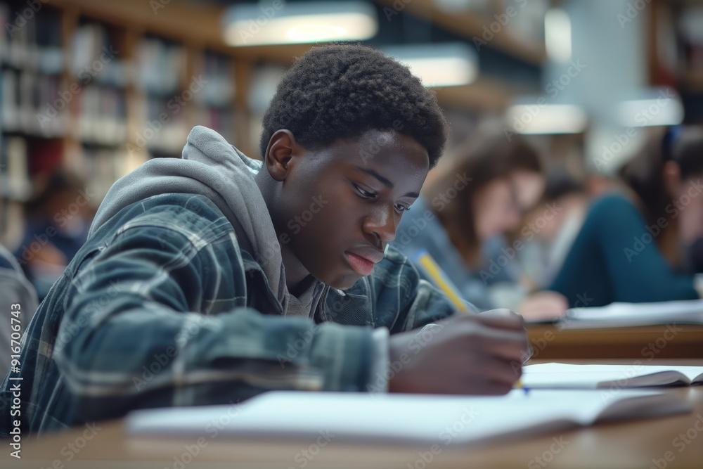 Poster a male student is deeply focused on studying in a library, embodying the concepts of learning and ed