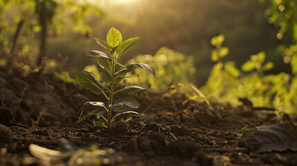 Young green plant growing at sunlight in the garden. 