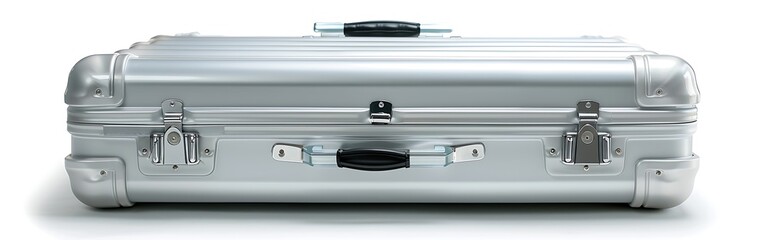 Obraz premium Aluminum travel suitcase on solid bright background