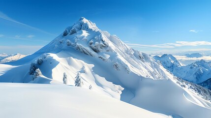 Naklejka premium Majestic snow-covered mountain peak under a clear blue sky, serene winter scene, snow-capped mountains, breathtaking natural beauty