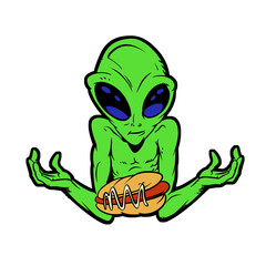 Alien and Hotdog Cartoon Mascot Vector Illustration